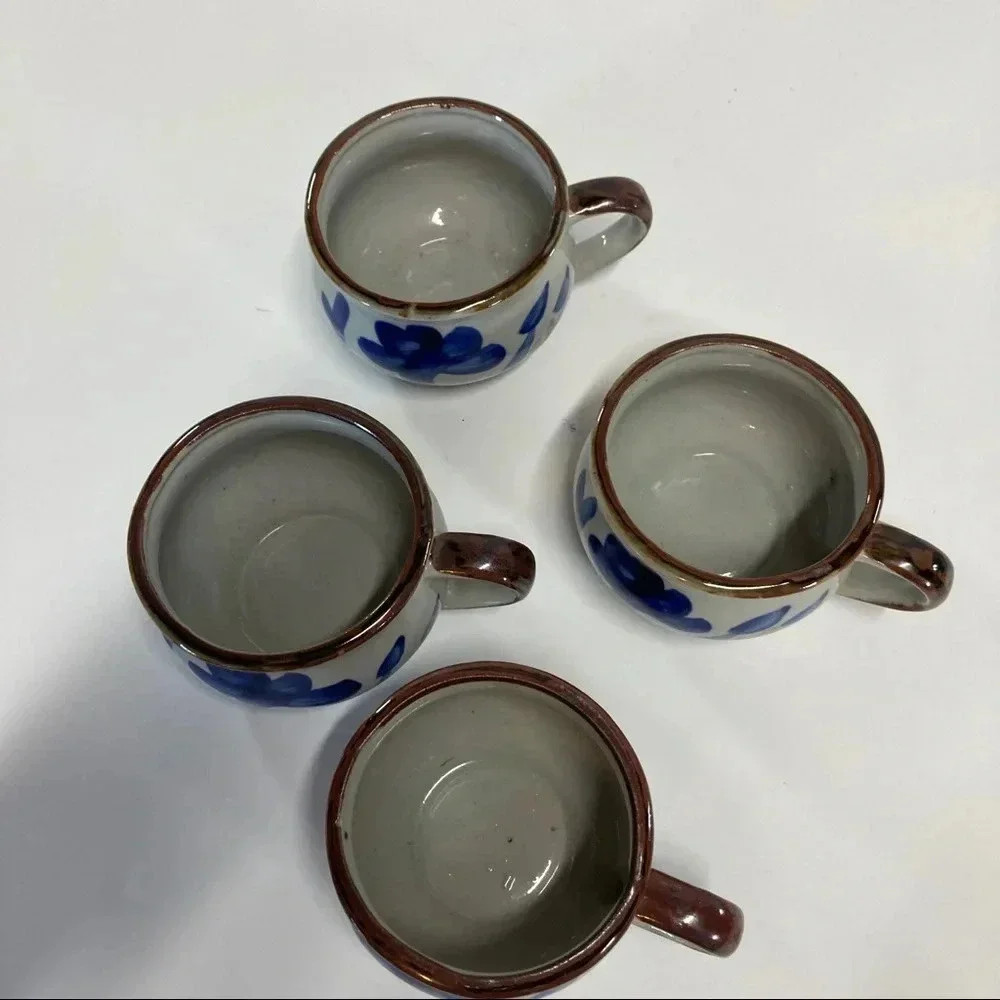 Hand painted Artisan Coffee Mugs Blue Floral Small Set of 4
